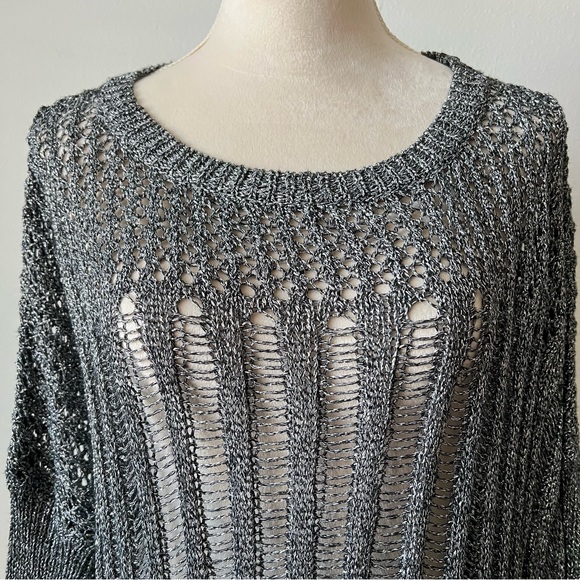 ELA Gray Open Knit Metallic Crew Neck Sweater for Women - Picture 3 of 8